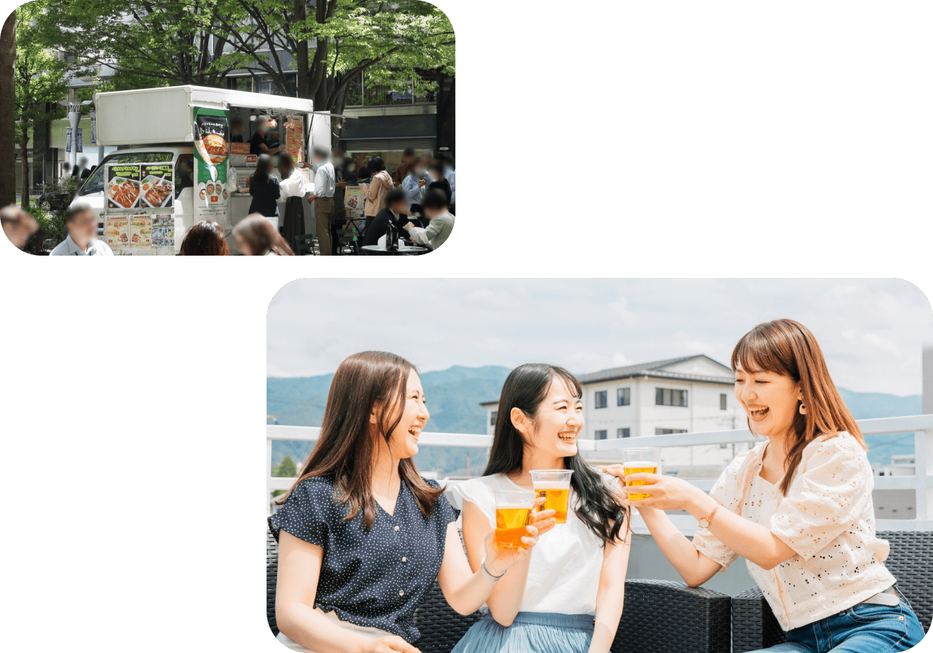 オフィス街のキッチンカーに並ぶ人々と、テラス席で乾杯する3人の女性