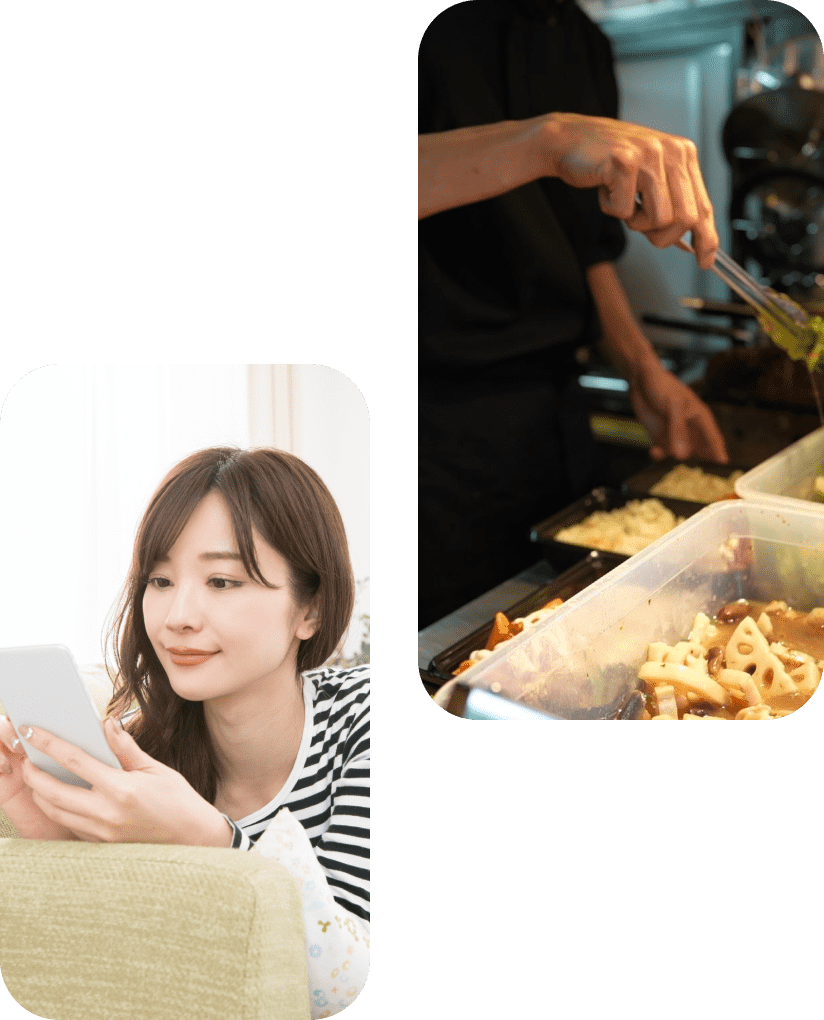 自宅でスマートフォンを操作する女性と、厨房で弁当を詰めるスタッフの手元の様子